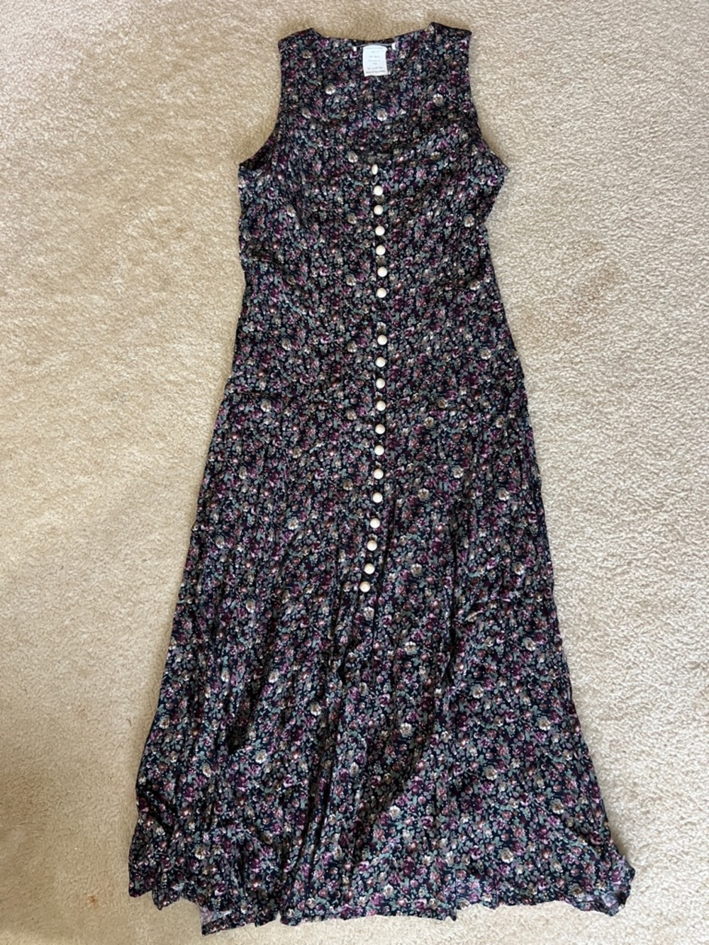 Sleeveless Black Floral Maxi Dress with Pearl-Style Buttons